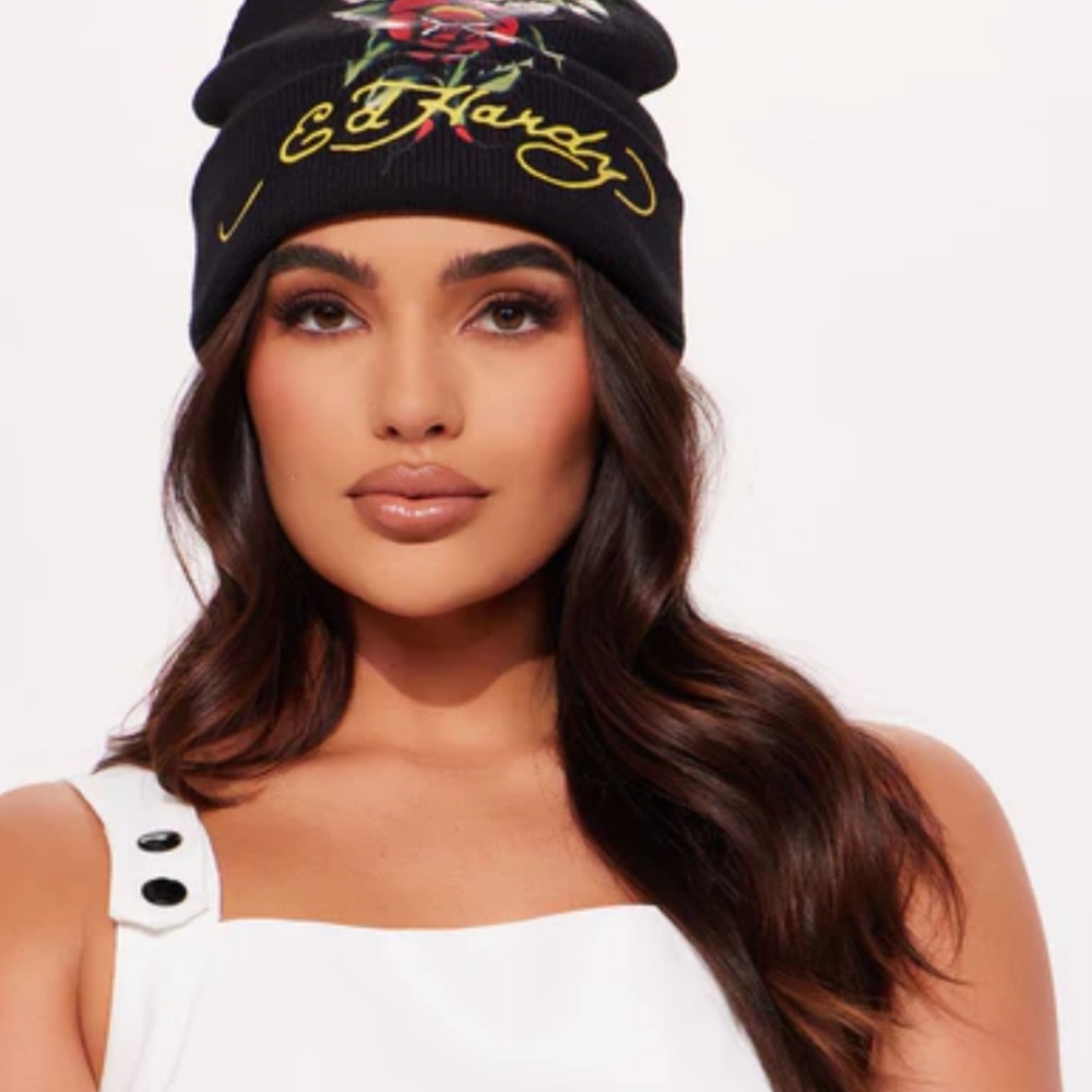 Ed Hardy Floral Black Knit Beanie